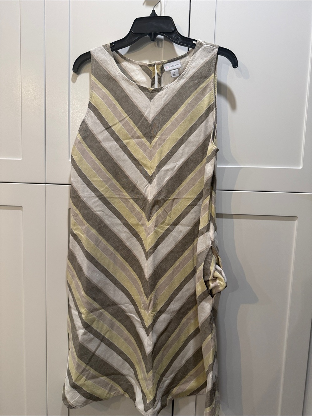 Liz Claiborne Sleeveless Chevron-Striped Midi Dress in Yellow, Taupe & White